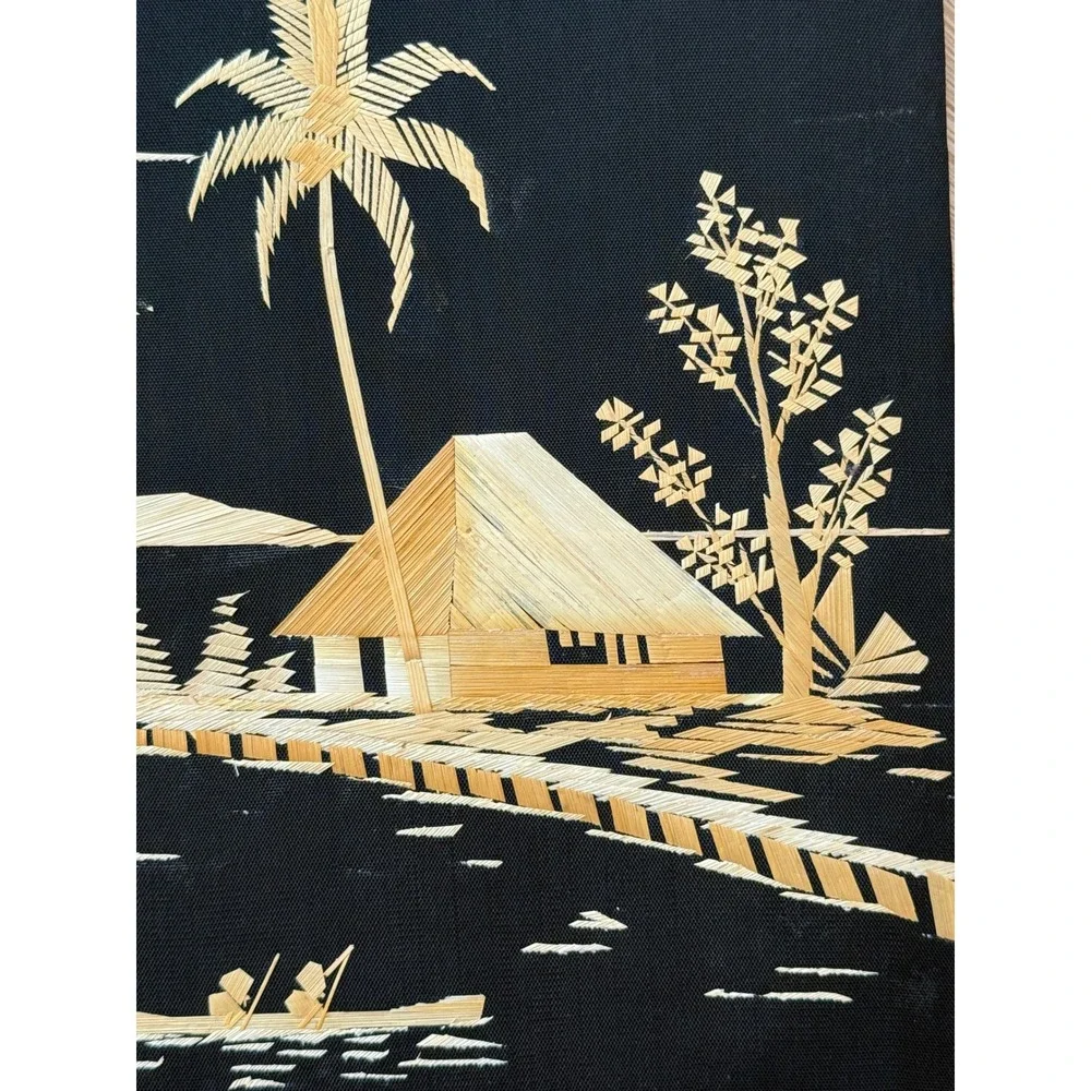 Vintage 60s Set of 2 Bamboo Straw Rice Art Tropical Hut Sailboat Wall Decor